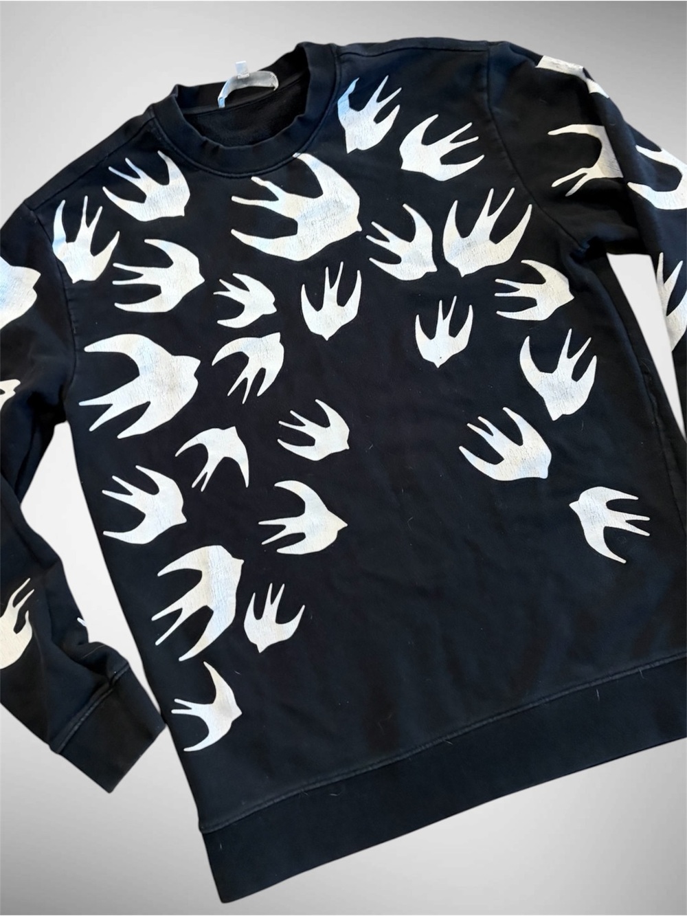 Alexander McQueen Black Crewneck Sweatshirt with White Swallow Motif